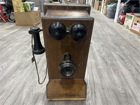 VINTAGE ALL ORIGINAL NORTHERN ELECTRICAL WOODEN PHONE - 19”x9”x8”