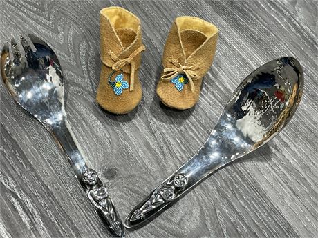 FIRST NATIONS KWAKIUTL HAND CRAFTED SILVER-PLATE SERVERS & INFANT BEADED BOOTS