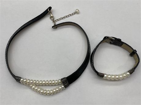 925 STERLING HONORA BLACK LEATHER & PEARL CHOKER NECKLACE & MATCHING BRACELET