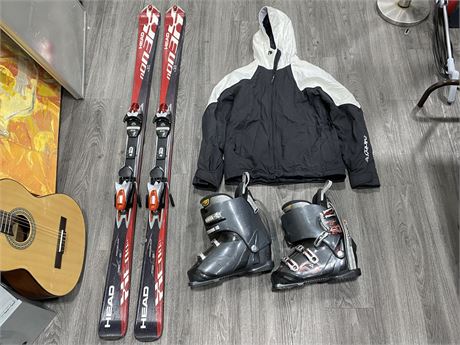 LOT OF SKIING EQUIPMENT - SIZE 12 BOOTS, SIZE M SNOW JACKET, 66“ LONG SKIIS