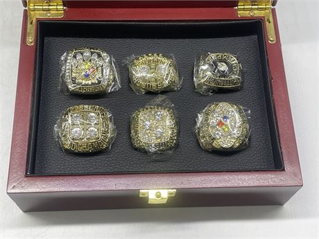 6 NEW PITTSBURGH STEELERS 6 TIME SUPERBOWL CHAMPIONS RINGS IN CASE SIZE 10