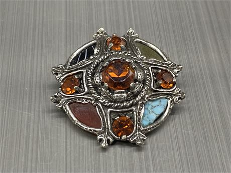 VINTAGE SILVER TONE W/STONES CELTIC BROOCH / PENDANT, MARKED MIRACLE