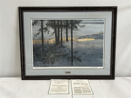 LIMITED EDITION ROBERT BATEMAN PRINT “EDGE OF THE NIGHT TIMBER WOLVES” W/COA