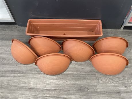 7 OUTDOOR PLANTER POTS INCL: WALL & WINDOW BOX (LARGEST 31”x8”x6”)