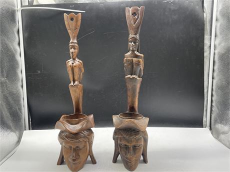 VINTAGE CARVED TIKI BOWLS WITH LONG HANDLES 20”
