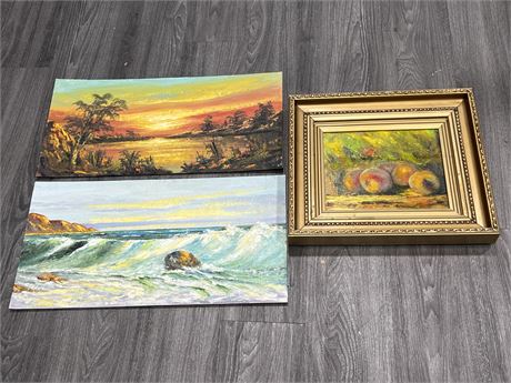 3 ORIGINAL PAINTINGS ON BOARD (left ones are 23.5”x12.5”)