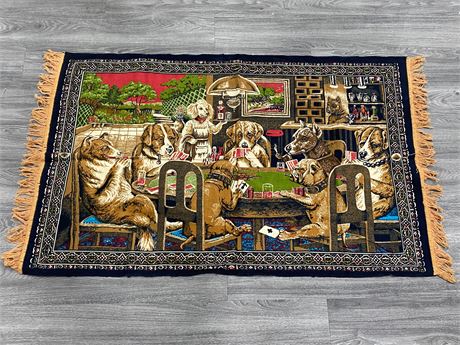 VINTAGE DOGS PLAYING POKER RUG - EXCELLENT CONDITION (62”X37”)