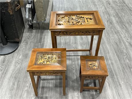 3 VINTAGE CARVED TABLES (Largest is 25” tall)