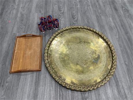 VINTAGE WOODED TRAY / LARGE BRASS TRAY & MCM IKEA GLASSES