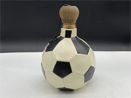 VINTAGE LEATHER HANDCRAFTED SOCCER BALL DECANTER MADE IN SPAIN (10” TALL)