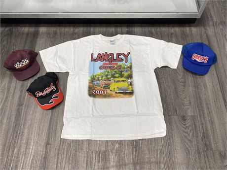 VINTAGE NEW OLD STOCK LANGLEY GOOD TIMES CRUISE-IN SHIRT & 3 CAR THEMED HATS
