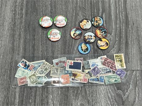 VINTAGE XMAS PINS, MONKEE COINS & STAMPS