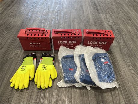 2 NEW PAIRS OF SIZE M WORK GLOVES + 3 NEW 3M BATTERY COVERS & 3 METAL LOCK BOXES