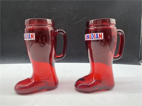 2 MOLSON CANADIAN BEER RED BOOT GLASS MUGS 32 OZ