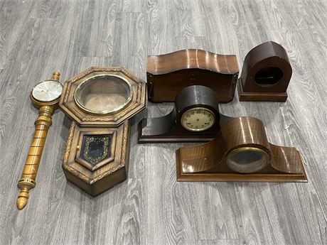6 VINTAGE WALL & MANTLE CLOCK PARTS AS IS (LARGEST IS 15”X26”)