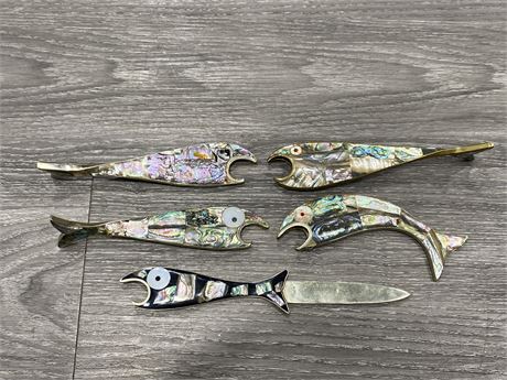 5 VINTAGE ABALONE SHELL FISH BOTTLE OPENERS -