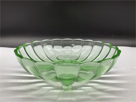 VINTAGE FOOTED URANIUM GLASS BOWL (9” DIAMETER)