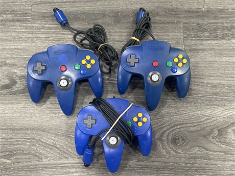 3 BLUE N64 CONTROLLERS