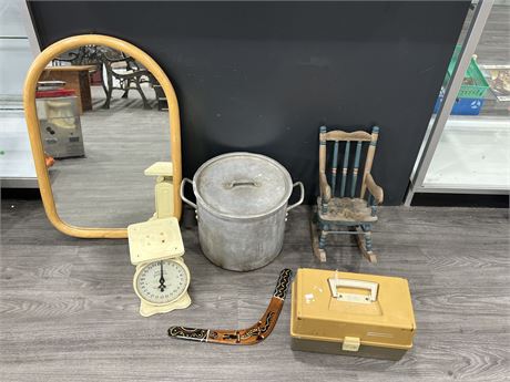 LOT OF MOSTLY VINTAGE ITEMS - SCALE, GALVANIZED POT, TACKLE BOX & ECT