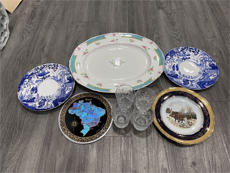 LOT OF 3 COLLECTORS PLATE W/ LARGE ROYAL DOULTON PLATTER & 4 CRYSTAL WHISKEY