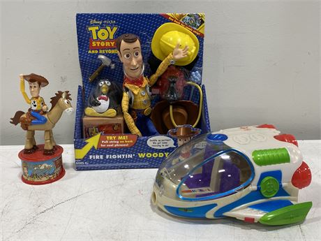 2004 TOY STORY FIRE FIGHTING WOODY + OTHER MISC. TOY STORY ITEMS