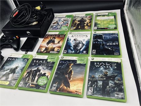 10 XBOX 360 GAMES, XBOX 360 CONSOLE, CONTROLLER, CORDS (XBOX DOES NOT TURN ON)