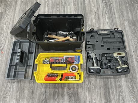 ROLLING TOOL BOX W/MISC TOOLS & RECHARGEABLE DRILL