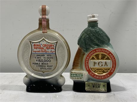 2 VINTAGE GOLF WHISKEY DECANTERS (12”)