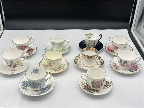 10 CUPS + SAUCERS - ROYAL ALBERT, LADY BETH, BELL, SOCIETY, ETC