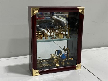 MINIATURE BRASS ORNAMENTS IN DISPLAY CASE