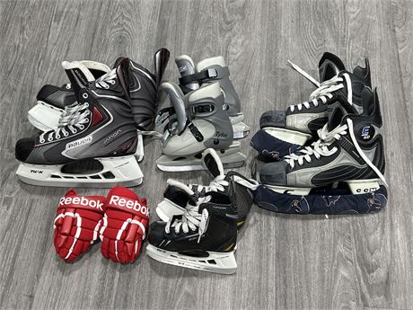 4 PAIRS OF ASSORTED SIZED HOCKEY SKATES + SMALL YOUTH GLOVES