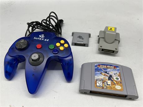 N64 STAR WARS ROGUE SQUADRON WITH 3rd PARTY CONTROLLER, MEMORY CARD, SHAKER PAK