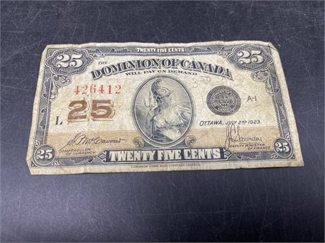 1923 CANADIAN 25 CENT BILL