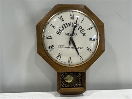 VINTAGE SCHWEPPES MIXERS ELECTRICAL WALL CLOCK - WORKS (19” tall)