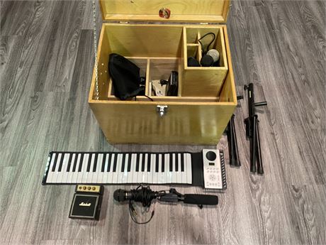 CRATE W/ MICROPHONES, GUITAR STANDS, & MORE