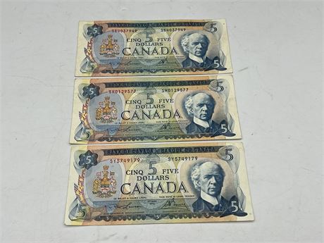 (3) 1972 CANADIAN $5 BILLS