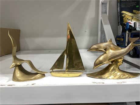 3 PIECE BRASS STATUES DOLPHINS, SEAGULL, SAILBOAT LARGEST 8”
