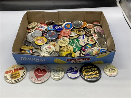 FLAT OF COLLECTABLE BUTTONS + PINS