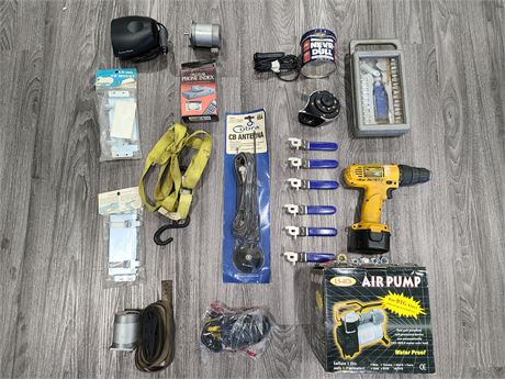 LOTS OF MISC TOOLS - DEWALT DRILL/AIRPUMP/STRAPS & OTHERS.