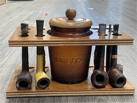 VINTAGE PIPE STAND W/GLASS HUMIDOR & PIPE COLLECTION