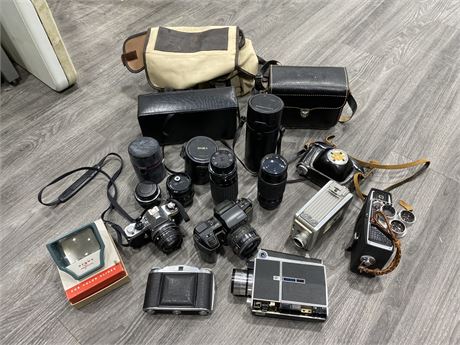 LOT OF MISC CAMERAS AND ACCESSORIES - MOSTLY FOR PARTS