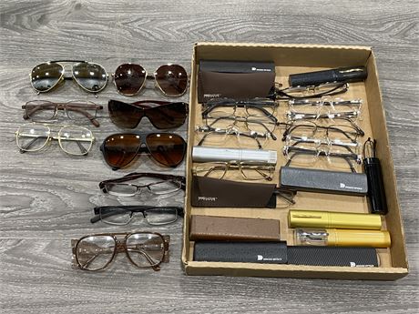 TRAY OF SUNGLASSES & OVER THE COUNTER READING GLASSES (30 PAIRS)