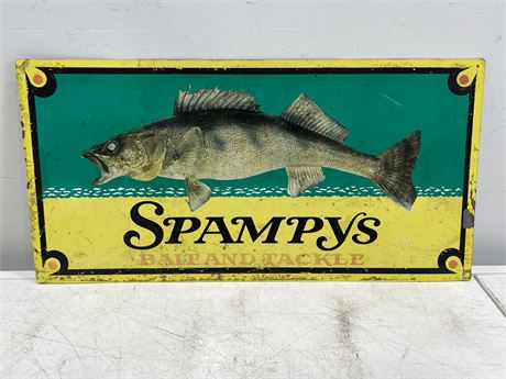 VINTAGE METAL SPAMPYS FISHING SIGN (24”x12”)
