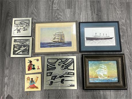 NATIVE HANDCRAFTED PLAQUES & 3 FRAMED SHIP PICTURES INCLUDING TITANIC