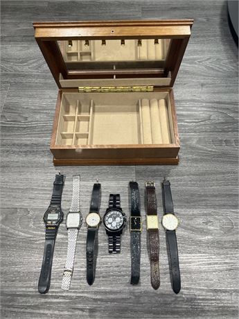 7 VINTAGE MENS WATCHES - INCLUDING REPRODUCTION ROLEX W/ JEWELRY BOX