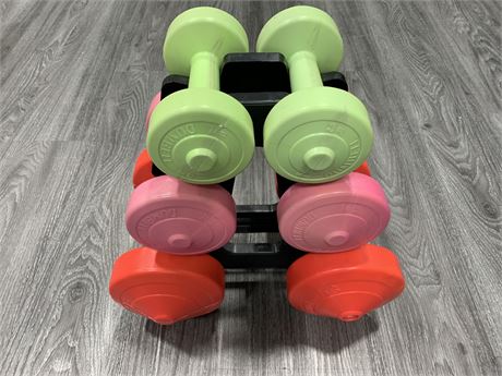 3 PAIRS OF DUMBBELLS ON STAND (2.5lbs,5lbs & 10lbs)