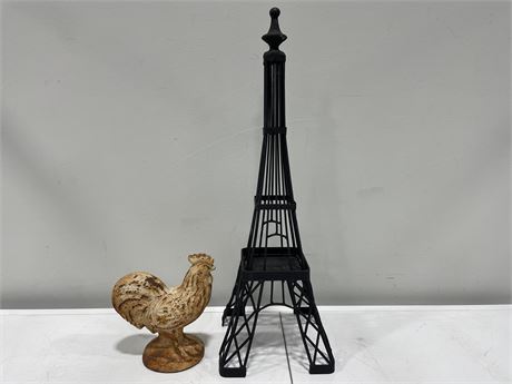 PAINTED CAST IRON ROOSTER & METAL EIFFEL TOWER