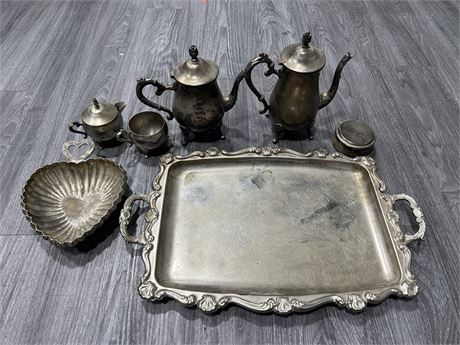 LOT OF VINTAGE ORNATE SILVER PLATED TRAYS, TEA POTS & ECT