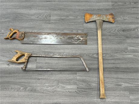 2 VINTAGE BUTCHER HAND SAWS W/LARGE FIRE AXE (35”)