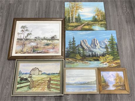 LOT OF 6 MISC PAINTINGS AND PRINTS - LARGEST IS 25” X 21”
